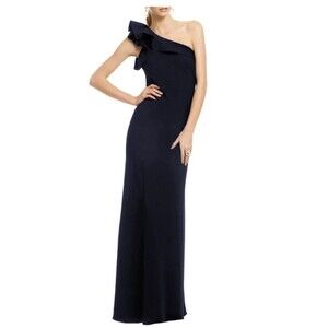 CARMEN MARC VALVO Navy Ruffle One Shoulder Gown Dress 6